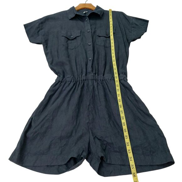 Seaside Tones Romper Womens Medium Navy 100% Linen Short Sleeve Beach Coastal - Picture 11 of 12